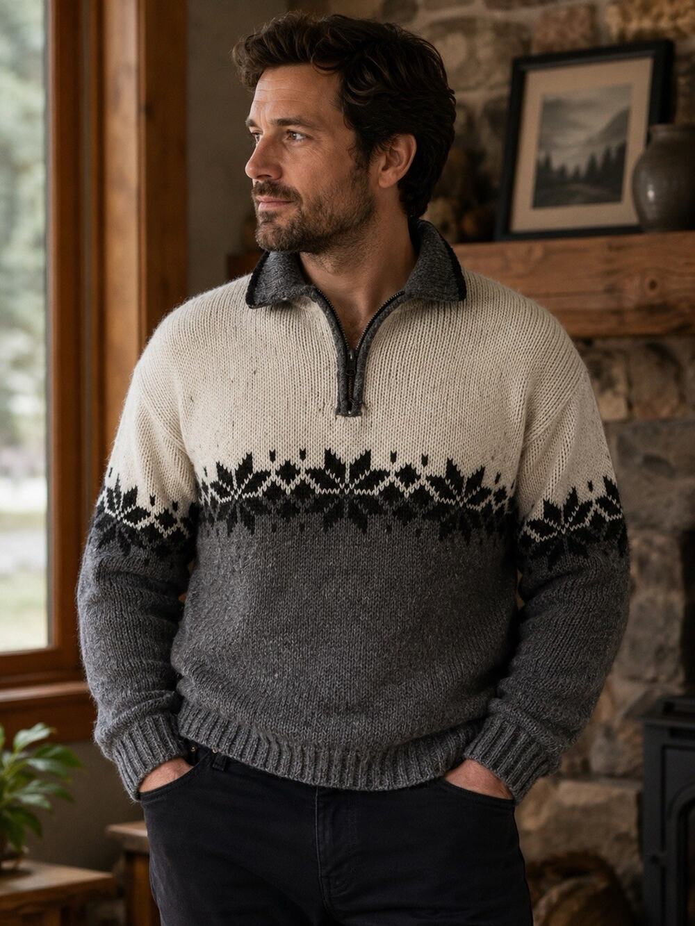 Vintage Etchings Mens 1/4 Zip Sweater Sz M Fair Isle Snowflake Wool Blend Lodge